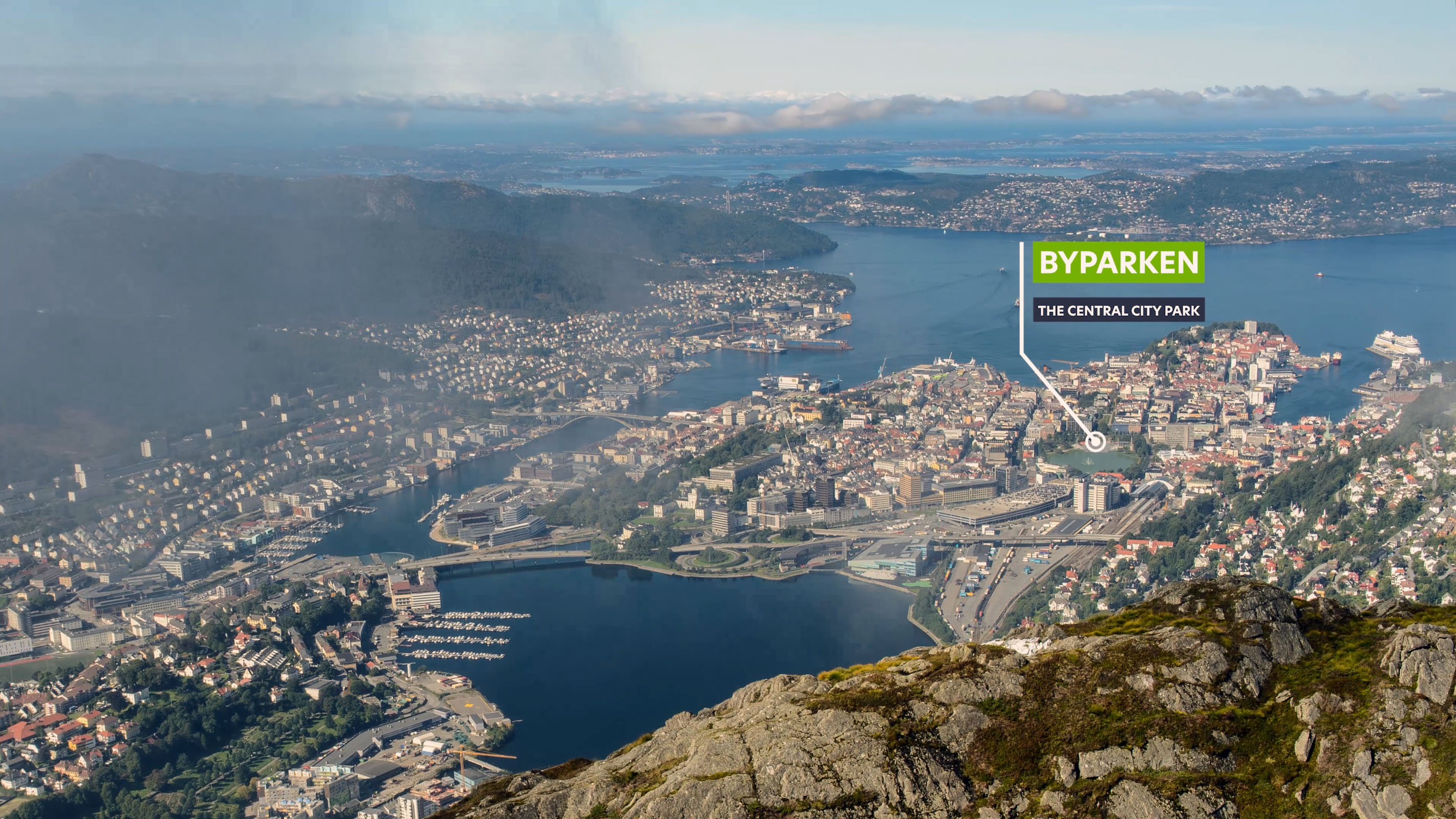 High vantage point view showing Byparken nestled within the city of Bergen.