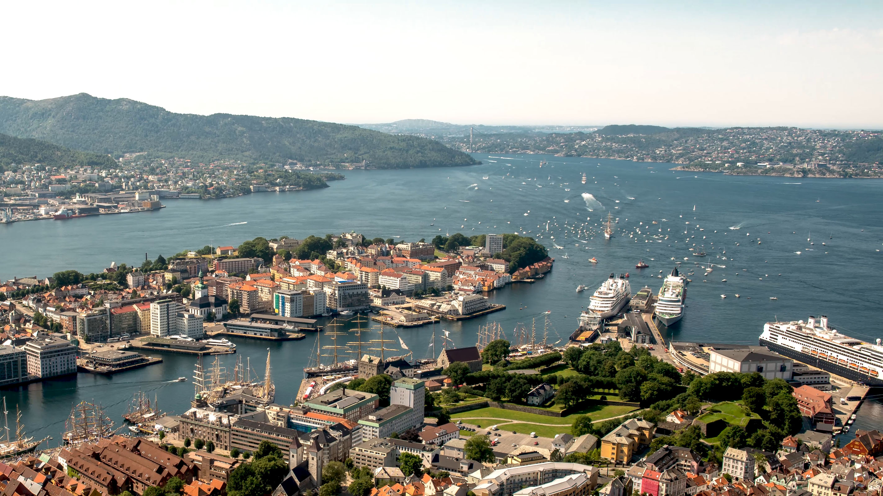 Panoramic view of Bergen from one of the surrounding city mountains.